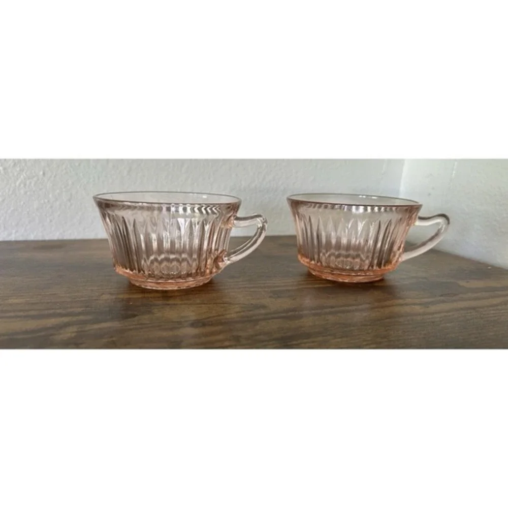 PAIR 2-PC Anchor Hocking Pink Depression Glass Cups Queen Mary‎ Rubber Pattern